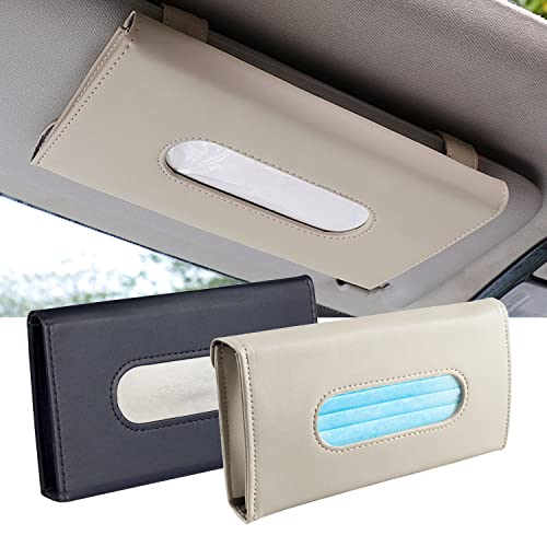 Car Tissue Holder, 2 Pack Sun Visor Napkin Holder, Premium PU Leather, Car Mask Holder for Sun Visor Vehicle, with Tissue Refill, Black&Beige - color: 2pack-black & Beige