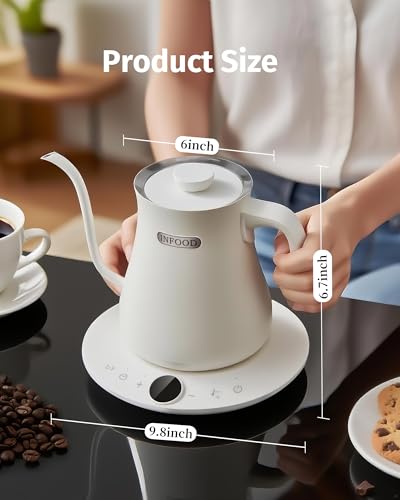 INFOOD 0.8L Gooseneck Electric Kettle, Precise Temperature Control for Pour Over Coffee & Tea, 1200W Fast Boiling Water, Auto Shut Off, Scheduling, Stainless Steel, White - color: White