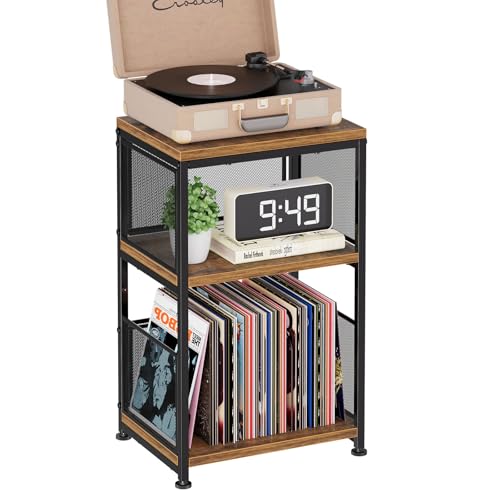 Simple Trending Record Player Stand, Turntable Stand with Vinyl Storage Holds Up to 200 Albums, Large Record Player Table with Adjustable Divider, Rustic Brown - size: End Table with mesh