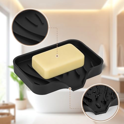 2-Pack Self-Draining Silicone Soap Dish - Anti-Slip Bar Soap Holder for Shower, Bathroom & Kitchen - color: Black Soapdish