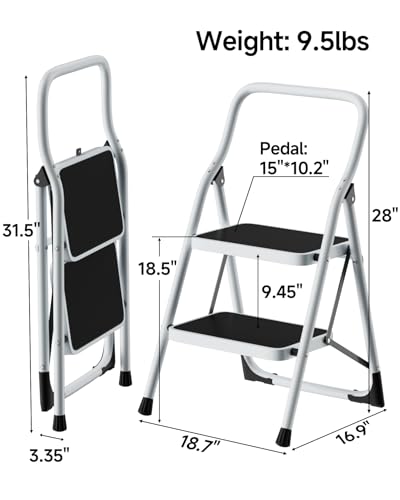 SOLADDER 2 Step Stool, Folding Step Ladder with Wide Anti-Slip Pedal & Safety Lock, Step Stool for Kitchen, Bathroom, Office, 300lbs Capacity - size: 2 Step