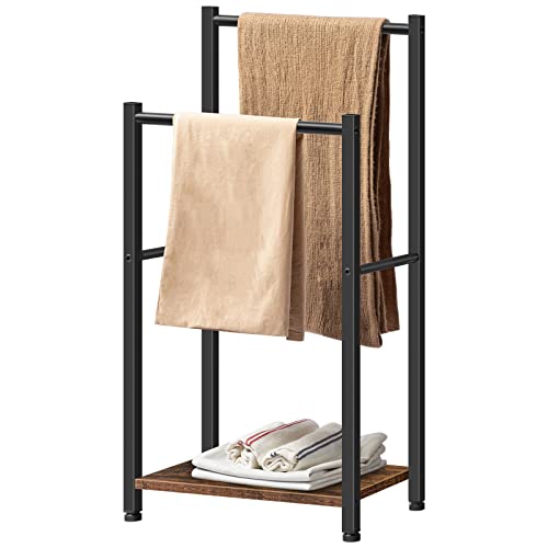 HOOBRO Free Standing Towel Rack for Bathroom, 2 Tier Blanket Rack, 16.5" L x 9.4" W x 31.5" H, Blanket Holder, Drying and Display Rack with Shelf, Rustic Brown and Black BF02LB01 - size: 16.5"L x 9.4"W x 31.5"H