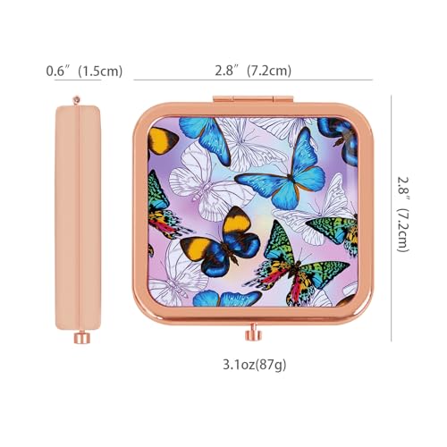 Compact Mirror for Purse, Double-Sided 1X/2X Magnifying Metal Pocket Makeup Mirrors(Square, Rose Gold Butterfly) - color: Rose Gold 14