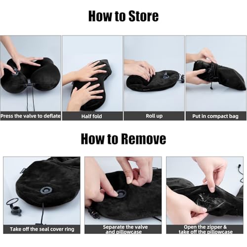 Inflatable Travel Neck Pillow for Airplanes, Super Soft Velvet Neck Support, Adjustable Firmness, Blow Up Plane Pillow for Long Flights, Road Trips, Travel Essentials with Eye Mask, Earplug - color: Black