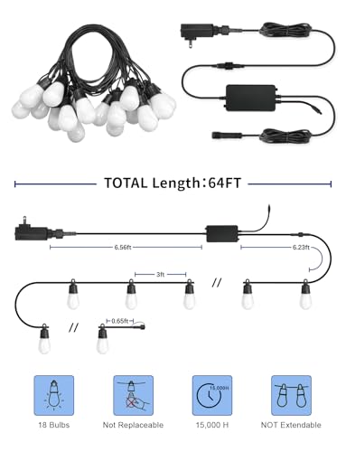 Outdoor String Lights APP Control with Remote, 64(52+12) ft RGB+IC+Warm White Outdoor Lights 18 LED Bulbs Music Sync for Garden Party Decor Christmas - size: 64FT S14-RGB Smart IC