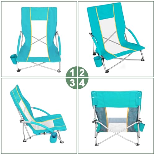Romswi Low Beach Chairs for Adults 2 Pack, Lightweight Folding Sand Chairs with Breathable Mesh Back & Cup Holder, Portable Compact Camping Chairs, 300lbs Capacity,Green - color: Green - Low Back