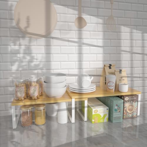 NEX Kitchen Cabinet and Counter Shelf Organizer, Stackable & Expandable, Set of 4, White and Natural - 7.7 x 15.6 x 6.2'' - color: Cloud White + Natural Beige, size: 15.6''W