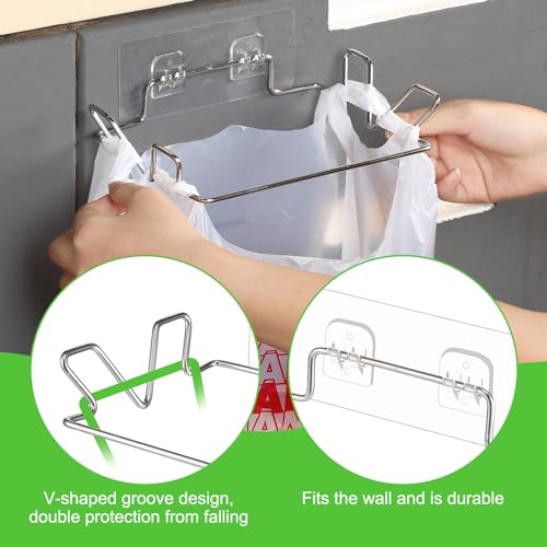 Tandefio 4 Pcs Stainless Steel Trash Bag Holder for Kitchen Cabinet Door and Cupboards with Wall Sticker Base Portable Under Sink Bag Holder for Plastic Bathroom Camper Picnics