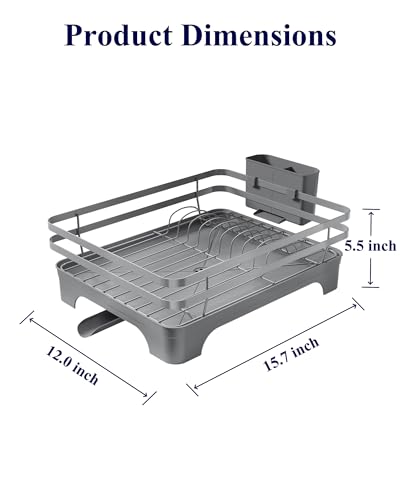 Kitsure Dish Drying Rack - Multi-Functional Dish Rack for Kitchen Counter with Cutlery Holder, Rust-Proof Storage Solution with Rotatable, 15.7" x 12.0" x 5.5", Grey - color: Gray