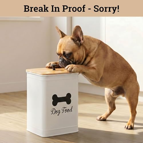 Dog Food Container Airtight 5-7 lb (25 Cup) Capacity - Cute Airtight Dog Food Storage Container with Bamboo Lid & Sturdy Metal Handle - White Metal Kibble Storage Bin for Dogs up to 50 lbs - Pet Jar - color: White
