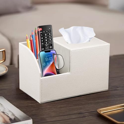PU Leather Square Tissue Box Cover - Multi-Functional Tissue Box Holder, Tissue Box Cover with Storage,Tissue and Remote Control Holder, Cube Tissue Box Organizer Bedroom Nightstand End Table - color: Beige White
