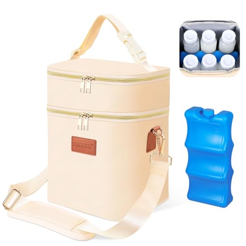 PIIOSER Breastmilk Cooler Bag with Ice Pack Fits 6 Baby Bottles Up to 9 Ounce, Insulated Baby Bottle Tote Bags, Double Layer Waterproof Leak-Proof with Shoulder Strap for Nursing & Working Mom (Cream) - color: Cream