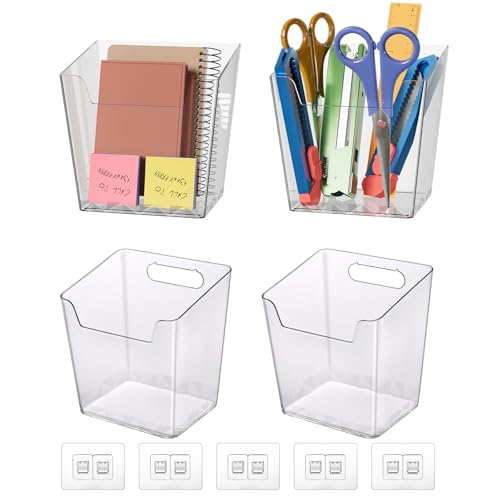 Clear Adhesive Wall Storage Bins, 4 Pack Cabinet Door Organizer Holders, Hanging Wall Mount Pockets, Plastic Cups for Shower Bathroom Makeup Office Craft Remote Kitchen Sink RV Organization (Medium) - size: Medium
