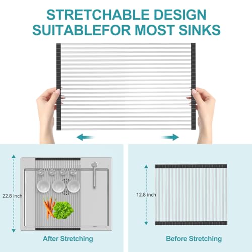 BBXTYLY Extra Large Expandable Roll Up Dish Drying Rack,Over The Sink Drying Rack Sink Cover Kitchen Sink Accessories Kitchen Rolling up Stainless Steel Drainer, Foldable,Rollable(Black,22.8''-17.3'') - color: Black, style: 22 tubes,expandable