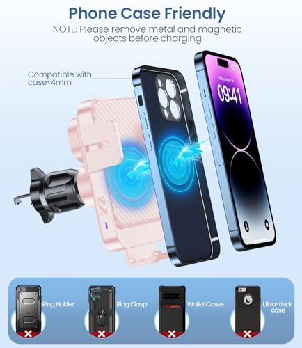 Wireless Car Charger, MOKPR 15W Fast Charging Auto-Clamping Car Mount Hands-Free Car Charger Mount for Dash Windshield Air Vent Compatible with iPhone 16 15/14/13/12, Samsung S23/S22/S21 Pink - color: Light pink