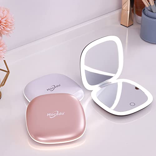 Mocado Compact LED Magnifying Travel Makeup-Mirror - 4 inches 1X/10X Magnification Small Hand Pocket Dimmable Double Sided USB Rechargeable Touch Screen, Portable Tabletop Cosmetic (Rose Gold) - color: Rose Gold