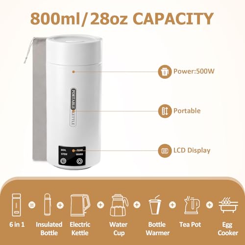 Travel Electric Kettle 800mL Portable Kettle with Automatic Shut Off & 9 Temperature Control for Hot Water/Tea/Coffee/Milk, 304 Stainless Steel Water Boiler