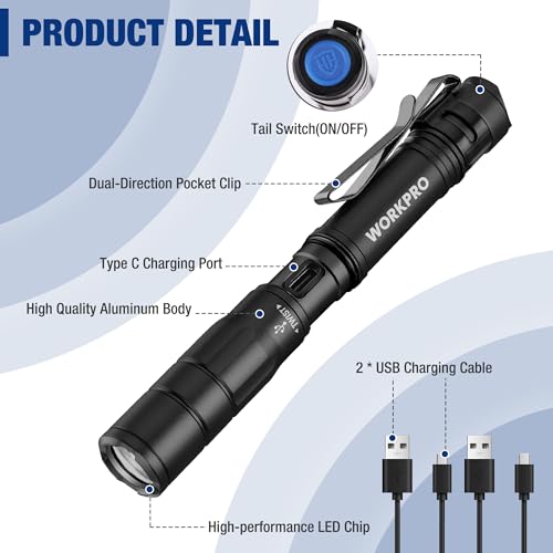 WORKPRO Rechargeable Pen Light, Mini Flashlight, 2 Pack Ultra-Compact EDC Flashlight, Pocket Flashlight with Clip, Memory Function and 2 x USB C Cable Included, Black - color: Black
