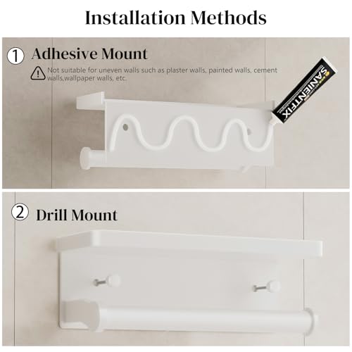 White Paper Towel Holder with Shelf, Wall Mount Paper Towel Holder for Bathroom Kitchen, Hand Towel Rack Holder,Paper Roll Holder with Self Adhesive & Screw,RV - color: White Pro