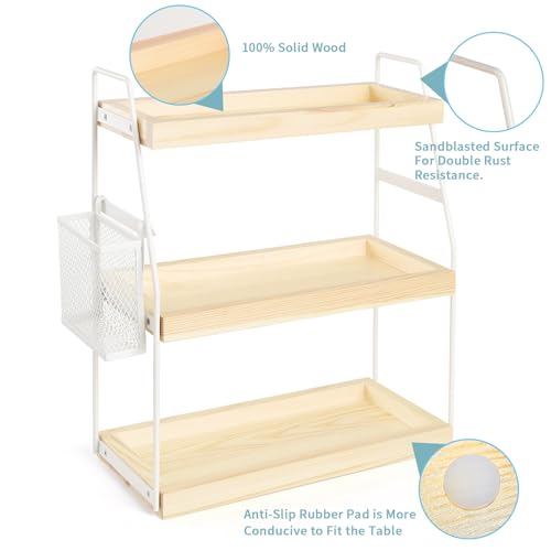 Uneviesyka Bathroom Counter Organizer, 3-Tier Standing Storage Shelf with Basket, Wood Tray for Skincare Vanity Organizer(White) - style: 3 Tier White