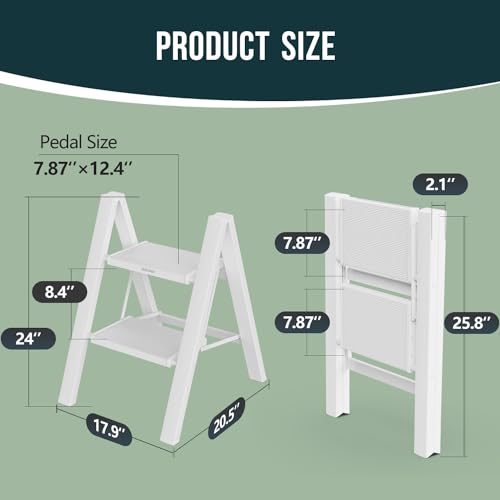 WOA WOA Step Ladder, Widen Pedals Foldable Step Stool, Lightweight Aluminum Ladder, Easy to Move Around, Anti-Slip Foot Stepladder for Household, Fold Thin & Space Save, 300 lbs Load (2 Step, White) - color: White, size: 2 Step