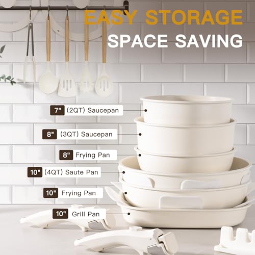 Astercook 23 Pcs Pots and Pans Set Non Stick, Ceramic Cookware Set Detachable Handle, RV Kitchen Cooking Set Removable Handles, Oven Safe, Induction Ready, Stackable, Cream, Fathers Day Gift for Men - color: Cream White, size: 23 Piece