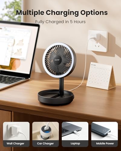 Gaiatop Foldable Small Desk Fan with LED Night Light, Wireless 6000mAh Battery Powered Portable Fan USB Rechargeable, Bedroom Office Dorm Travel Camping Cruise Essentials, Gifts for Women Men, Black - color: Black
