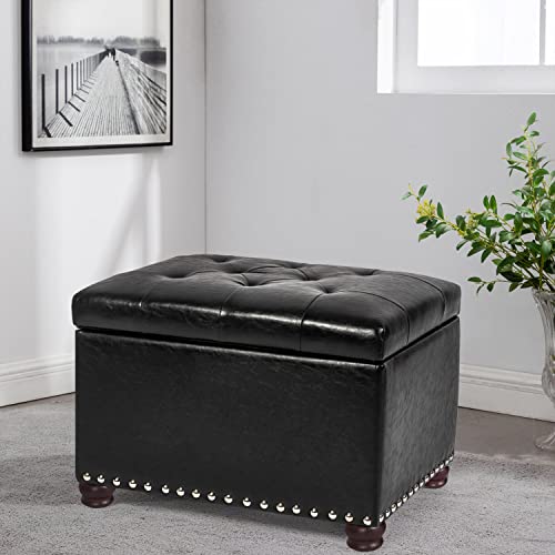Leather Ottoman with Storage,24’’Foot Rest Ottomans with Hinged Lid Rectangle Upholstered Foot Stools Nailhead Trim for Living Room Bedroom,Black - color: Black