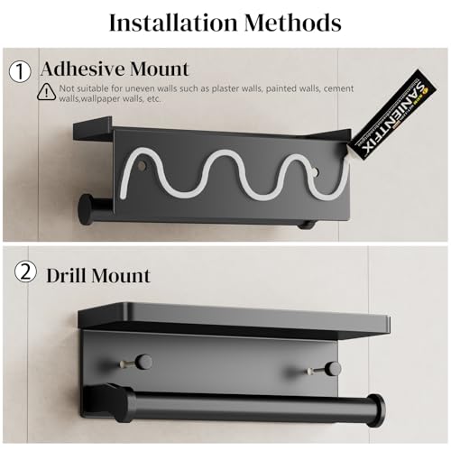 Black Paper Towel Holder with Shelf, Wall Mount Paper Towel Holder for Bathroom Kitchen, Hand Towel Rack Holder,Paper Roll Holder with Self Adhesive & Screw,RV - color: Black Pro