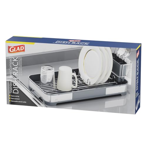 Glad Stainless Steel Dish Drying Rack - Small Space Saving Dish Drainer with Removable Cutlery Holder, Drain Spout, and Towel Bar - Rust-Resistant Metal Rack for Kitchen Countertops, (8”W x 17.5”L) - size: Compact