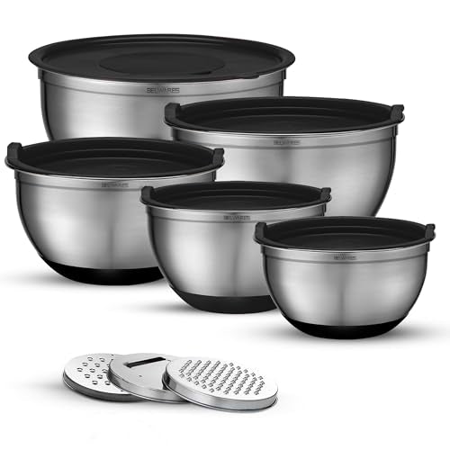 Belwares Mixing Bowls with Lids Set of 5 - Stainless Steel Mixing Bowl Set, Kitchen Nesting Metal Bowls with Non Slip Bottoms + 3 Grater Attachments, Airtight Lids, Food Prep + Storage, Matte Black - color: Matte Black, size: 5-Piece