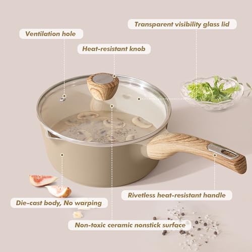 SENSARTE Ceramic Nonstick Sauce Pan with Lid, 1.5 Quart Small Saucepan, Cooking Pot with Stay Cool Handle, Non toxic Kitchen Sauce Pot, Non stick Saucier Pan, Induction Pot, PFOA PTFE PFAS PFOA Free - color: Ceramic Taupe, size: 1.5 Quarts