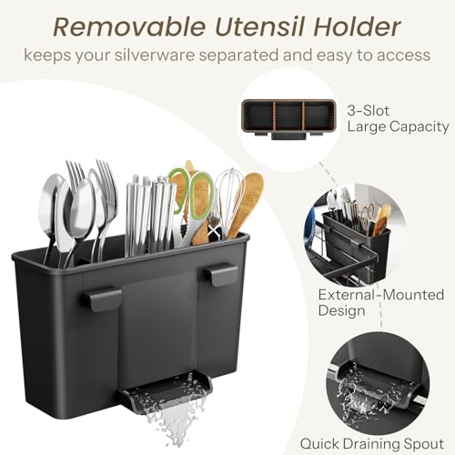 SNTD Dish Drying Rack - Space-Saving Dish Rack for Kitchen Counter, Stainless Steel Dish Drainer with Utensil Holder and Drainboard, 11" W x 15" L (Black) - color: Black, size: 11" W x 15" L