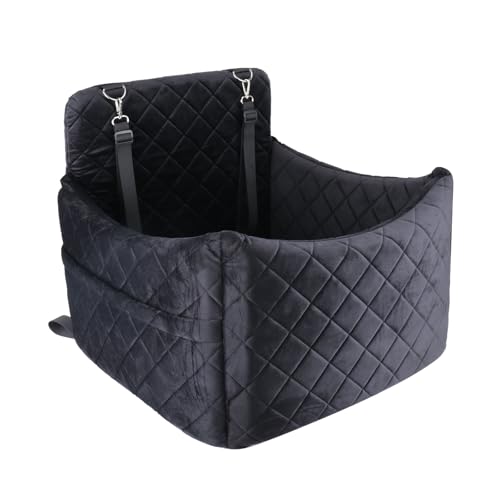 Dog Car Seat for S/M Dogs, Memory Foam Dog Booster Car Seat Up to 35lbs, Detachable Washable Pet Travel Bed with Side Pockets and 2 Safety Belts, Easy to Install (Black)