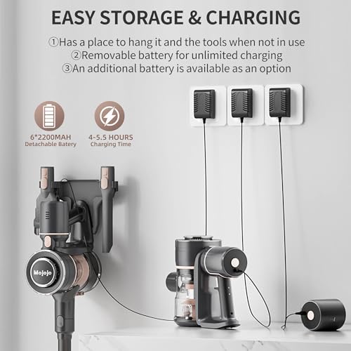 Mojojo Cordless Stick Vacuum Cleaner, 23KPa Handheld Rechargeable Battery Lightweight Small Silver Gray Electirc Broom, 55Mins Runtime for Home Hard Floor Carpet Pet Hair Cleaning