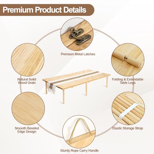 Low Picnic Table 60x30, Portable Folding Floor Table | Adjustable height wood table with boho runner, mortise-tenon joints, folds flat for beach picnics, camping, parties - size: Large Size for 6