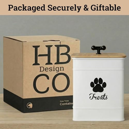 Dog Treat Container Airtight - 6 Inch Wide x 8 Inch Tall Iron Dog Treat Jar for Kitchen Counter with Airtight Bamboo Lid - 12 Cup Capacity Pet Treat Container - Doggie Cookie Jar - Big Treats Canister - color: White