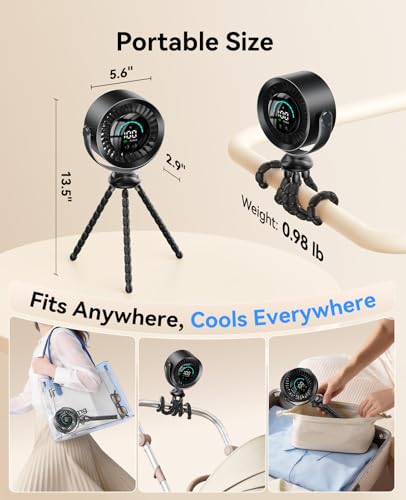 KIMMOO Portable Baby Stroller Fan, 360° Adjustable Quiet Rechargeable USB Fan with LED Display, 100 Speeds Safe Clip Fan for Stroller, Powerful Cooling Fan for Golf Car Seat Treadmill Travel, Black - color: Black