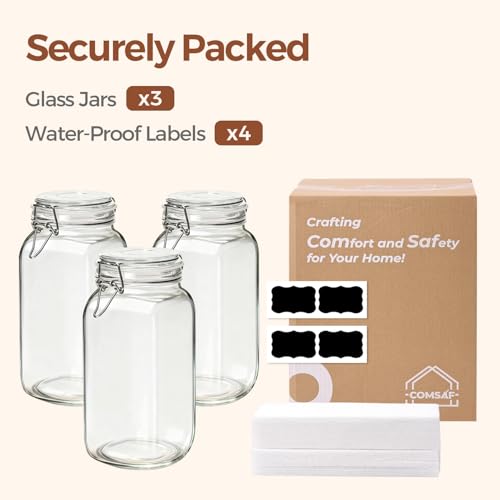 ComSaf 3-Pack 78oz Large Square Airtight Glass Jars for Bulk Food, Holds a 4lb Bag of Sugar or 5lb of Rice, Wide Mouth Canister for Flour, Coffee & Pantry Organization - size: 78oz*3