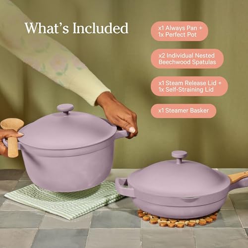 Our Place Cookware Duo | 7-Piece Ceramic Cookware Set with 10.5" Always Pan 2.0, 5.5 Qt Perfect Pot & Strainer Basket | Induction & Oven Safe up to 450°F | Nonstick, Non-Toxic Cookware | Char - color: Char, size: Standard