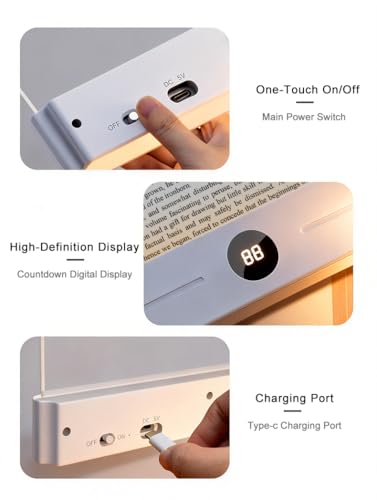 Flat Book Light for Reading in Bed - Full Page LED Booklight, Rechargeable with 3 Color Modes & 1-99 Min Timer, 35H Battery, USB-C, Dimmable Eye-Care Reading Light, Gift for Book Lovers