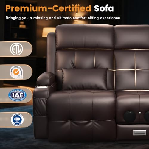 Power RV Loveseat Recliner Sofa, Reclining Loveseats Couch for RV Furniture, Home Theater Seating with Heat Massage, Flip Backrest, USB, Cup Holders, 150° Wall Hugger RV Recliners Sleeper Sofas - color: Flip Back Brown, size: Loveseat-G1-Power