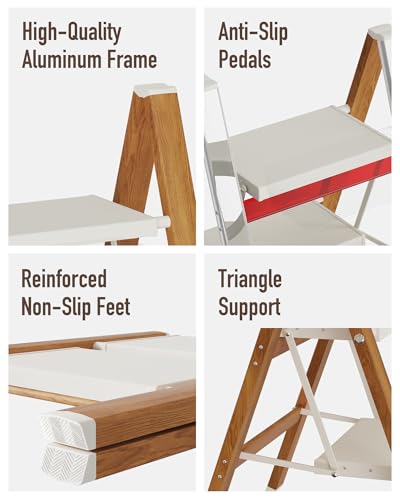 Mayi Plus 2-Step Aluminum Ladder,Lightweight Folding Step Stool with Extra-Wide Anti-Slip Steps,330 lbs Capacity,Compact Space-Saving Design for Home,Kitchen and Office(White&Woodgrain) - color: White&woodgrain, size: 2 Step