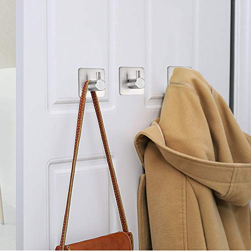 Fotosnow Adhesive Towel Hooks 15lbs Heavy Duty Wall Hooks Waterproof Stainless Steel Hanger for Hanging Coat, Hat, Towel Robe Hook Rack Wall Mount- Bathroom and Bedroom 4-Packs - color: Silver