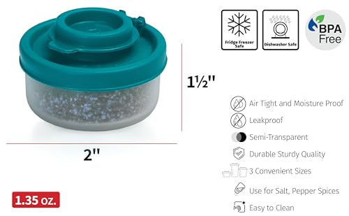 SIGNORAWARE Salt and Pepper Shakers Moisture Proof Set of 2 Small Mini Salt Shaker to go Camping Picnic Outdoors Kitchen Lunch Boxes Travel Spice Set Clear with Red Covers Plastic Airtight Dispenser - color: Teal