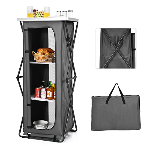 Goplus Folding Camping Storage Cabinet, Pop Up Outdoor Camping Kitchen Station with Large 3-Tier Storage Organizer, Carry Bag, Easy Set Up Portable Compact Camping Table for BBQ Picnic Backyard (55'') - size: 55''