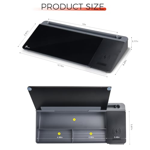 TOWON Glass Desk Whiteboard with Wireless Charger, Desktop Dry Erase Board with Storage & Phone Stand – Compact ~16 x 7 in, Black – Includes Marker & Eraser, Tempered Glass, Rewrite Reusable - color: Black Charger