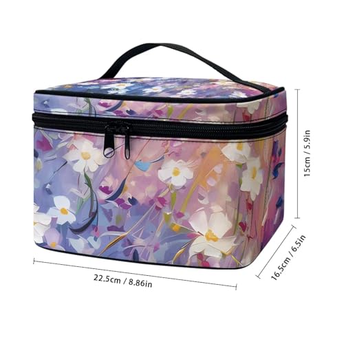 Flashideas Daisy Print Makeup Bag Portable Cosmetic Bag Large Capacity Travel Toiletry Bag Double Zippers for Cosmetics Vertical Storage Multifunctional Makeup - color: Daisy Print 1