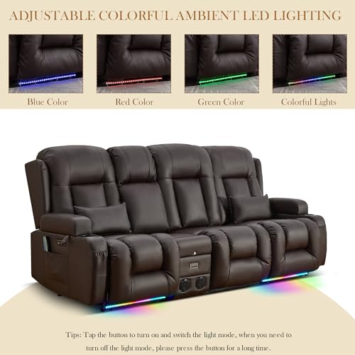 TUNYI Power Loveseat Recliner Sofa with Massage & Heat Home Theater Seating with Console RV Recliner Loveseat Sofa with USB/Storage/Side Pocket/LED Light/Speaker (Brown, 3 Seat with Console) - color: Brown, size: 3 Seat with console
