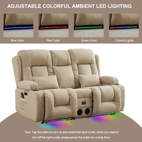 TUNYI Power Loveseat Recliner Sofa with Massage & Heat Home Theater Seating with Console RV Recliner Loveseat Sofa with USB/Storage/Side Pocket/LED Light/Speaker (Beige, Loveseat) - color: Beige, size: 2 Seat
